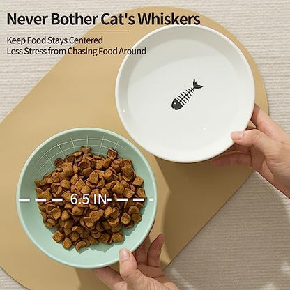 6.5 Inch Extra Wide Raised Cat Bowls, Ceramic Elevated Cat Bowl for Food and Water, Wide Shallow Cat Food Dish, Whisker Fatigue, Protect Spine, Lead & Cadmium Free, White & Green - color: White & Green