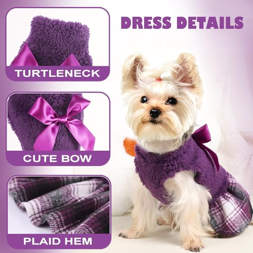 Fuzzy Dog Plaid Sweater Dress, Fall Winter Warm Female Dog Clothes for Small Dogs Girl, Pet Outfit, Cat Apparel (XSmall, Purple) - color: #1 Purple, size: X-Small (Chest 14.2 in)