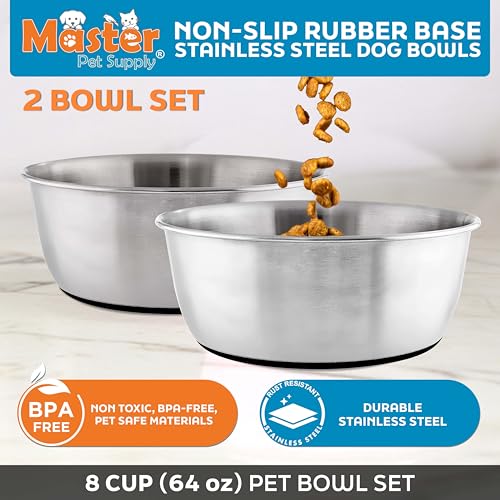 Master Pet Supply Stainless Steel Dog Bowls Set of 2 (64 Oz Each) with Non-Slip Rubber Base - Stainless Steel - Basic Dog Food Bowl Water & Food Bowls for Small Medium Large Dogs & Cats, Metal Dish - color: Stainless Steel, size: 8 Cups (64 oz) 2 Pack