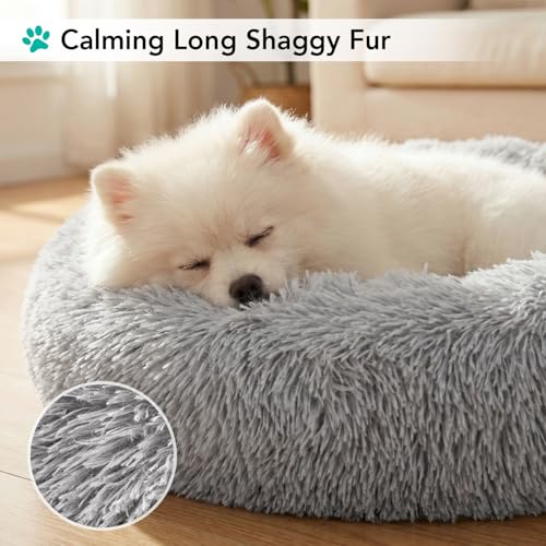 PetAmi Calming Dog Bed for Small & Medium Dogs and Cats, 30 Round Donut Dog Bed, Washable Fluffy Faux Fur Puppy & Cat Bed, Anti-Anxiety Plush Cuddler Pet Bed with Anti-Slip Bottom - Light Gray - color: Light Gray, size: Medium - 30"