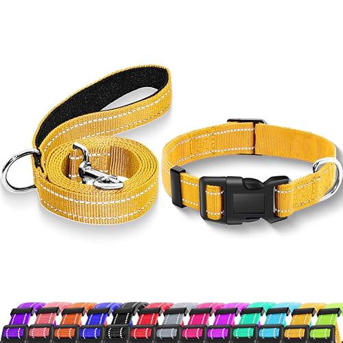 Reflective Dog Collar with Safety Locking Buckle, Adjustable Soft Breathable Nylon Collars for Small, Medium and Large Dogs(Collar+Leash XS Width 3/8" Yellow) - color: Yellow, size: XX-Small (Width 3/8")