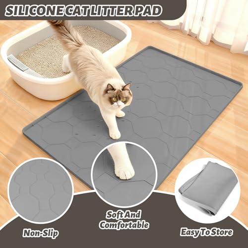 Silicone Cat Litter Mat for Litter Box-28" X 22" Kitty litter pads, Waterproof & Leak-Proof Trapping Design, Non-Slip Durable Easy to clean (Gray) - color: Grey, size: 28" X 22"