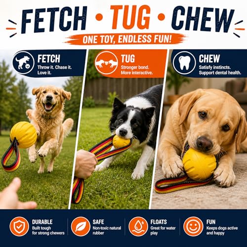 Indestructible Dog Ball with Strap, Heavy Duty Rubber Tug Toy for Aggressive Chewers, Floating Fetch Toy for Medium & Large Dogs(Large) - size: Large