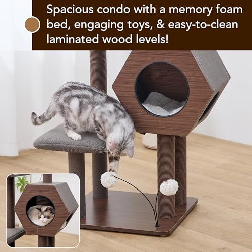 PetPals 5-Level 46.4” Mid-Century Modern Cat Tree with Hexagon Condo, Replaceable Recycled Paper Rope Scratchers, Washable Bed&Toys, Quick Assembly, Ideal for Medium Cats,Dark Brown - color: Dark Brown