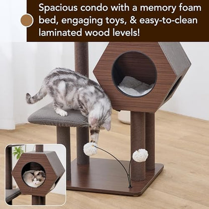 PetPals 5-Level 46.4” Mid-Century Modern Cat Tree with Hexagon Condo, Replaceable Recycled Paper Rope Scratchers, Washable Bed&Toys, Quick Assembly, Ideal for Medium Cats,Dark Brown - color: Dark Brown