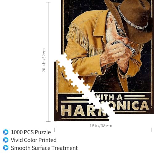 1000 Pieces Jigsaw Puzzles for Adults, Never Underestimate an Old Man with A Harmonica Cowboy Art Puzzle, Stress Relief Concentration Training Brain Teaser Puzzle 29.5x19.7 Inch - color: Wooden Puzzle14, size: 1000 Piece pcs