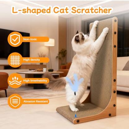 Goosheep Cat Scratching Post, 3-in1 Scratching Board for Indoor Cats, 2PK 22in L-Shaped Cat Scratcher with 1PK Cardboard Box Scratch Pad, Cats Scratch Furniture Protector with Feathered Toy - color: 2pk 22in L-Shape Cat Scratcher with Box