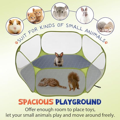 Pawaboo Small Animals Playpen with Pad, Waterproof Small Pet Cage Tent with Reusable Pad, Portable Outdoor Yard Fence for Chick/Kitten/Puppy/Guinea Pig/Rabbits/Chinchillas, Green + Grey - color: Green + Grey