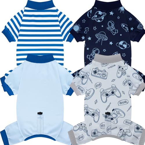 XPUDAC 4 Pack Dog Pajamas, Soft Puppy Clothes with Drawstring Adjustable Stretchy Dogs Onesie for Small Medium Doggie Shed Defender Dog Suit Pet Outfit Boy, XS - size: X-Small(Chest:10.3~12.2")