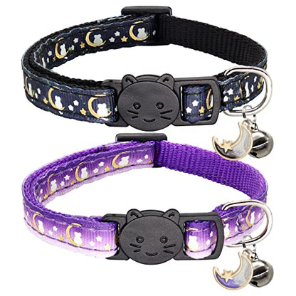 2 Pack Breakaway Cat Collar with Bells,Adjustable Moon and Star Kitten Safety Collars for Boys & Girls,Black+Purple - color: Black+Purple