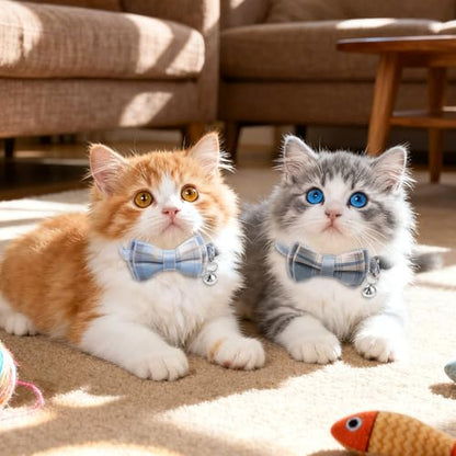 2 PCS Cat Collar Bow Tie, Plaid Bowtie Cat Collar, Breakaway Cute Cat Collar with Bells, Adjustable Bowtie Collars for Boy Kitten Puppy and Small Pets