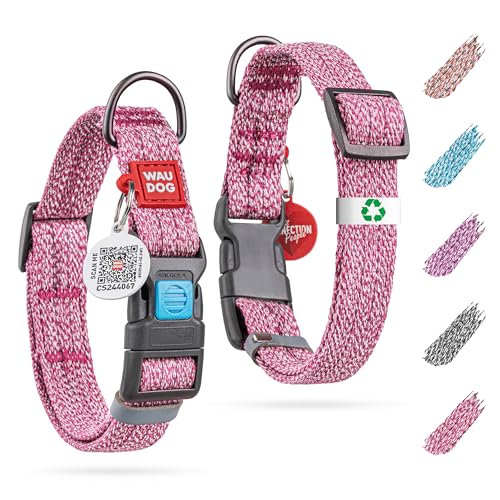 WAUDOG Reflective Cotton Dog Collar - Eco-Friendly Alternative to Nylon - Adjustable Collar for Small, Medium & Large Dogs - QR ID Tag Included - color: Pink, size: 14" - 23" Neck * 1" Wide