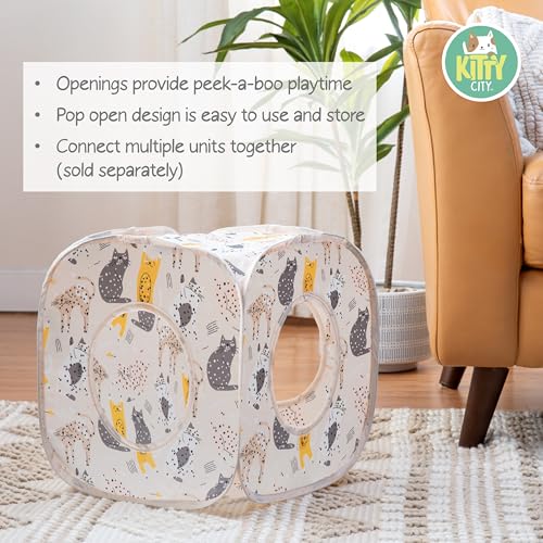 Kitty City Cat Print Pop-Up Play Cube, Collapsible Indoor Hideout with Peekaboo Openings, Lightweight Foldable Cube for Play & Lounging, Pink - color: K) Cat Print Cube House (Pink)
