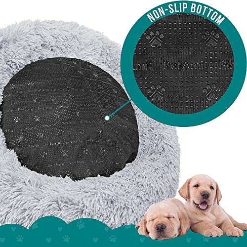 PetAmi Calming Dog Bed for Small & Medium Dogs and Cats, 23 Round Donut Dog Bed, Washable Fluffy Faux Fur Puppy & Cat Bed, Anti-Anxiety Plush Cuddler Pet Bed with Anti-Slip Bottom - Light Gray - color: Light Gray, size: Small - 23"