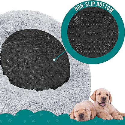 PetAmi Calming Dog Bed for Small & Medium Dogs and Cats, 23 Round Donut Dog Bed, Washable Fluffy Faux Fur Puppy & Cat Bed, Anti-Anxiety Plush Cuddler Pet Bed with Anti-Slip Bottom - Light Gray - color: Light Gray, size: Small - 23"