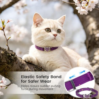 BINGPET Diamond Cat Collar,Adjustable Soft Velvet Leather Safe Kitten Collar with Crystal Heart Charm and Bells,Girl Boy Bling Stylish Cat Collars with Safety Elastic (Purple, Neck Girth 8"-10") - color: Purple(Heart), size: Neck Girth 8"-10"