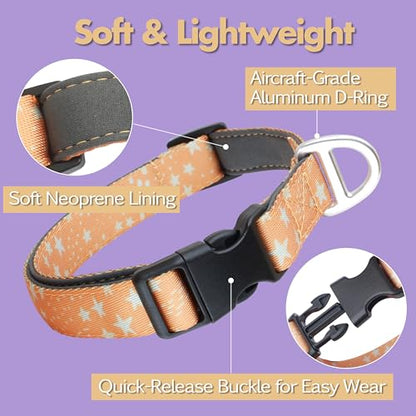 Fall Dog Collar, Cute Star Pattern Brown Collars for Girl & Boy, Reflective,Soft Padded Neoprene,Fully Adjustable,Durable & Lightweight Small Dog Collar, (Star, S) - color: Star, size: S (Neck 9''– 14'')