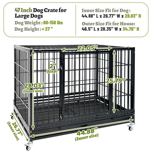 Heavy Duty Large Dog Crates for Large Dogs with Wheels, 47 Inch Metal Wire Stackable Dog Crate Cage with 2 Removable Trays, Multi Locks, Chew Proof Escape Proof Dog Kennel Indoor - size: 47.0"L x 29.0"W x 35.0"H