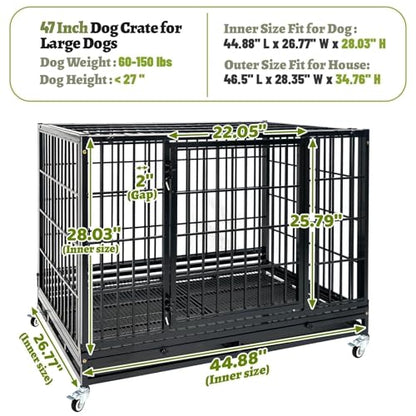 Heavy Duty Large Dog Crates for Large Dogs with Wheels, 47 Inch Metal Wire Stackable Dog Crate Cage with 2 Removable Trays, Multi Locks, Chew Proof Escape Proof Dog Kennel Indoor - size: 47.0"L x 29.0"W x 35.0"H