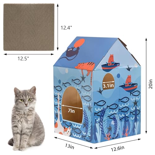 Lawei 2 Pack Cardboard Cat Houses with Scratch Pads, Sturdy Cats Play Scratching House for Indoor Hideaway Furniture, Cute Scratching Box Toy for Cat Birthday, Bunny Small Pet Bed, Easy Assembly