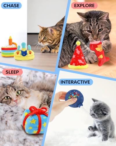 CiyvoLyeen 6Pcs Birthday Themed Catnip Toys Cat Birthday Gift Kitten Interactive Toys for Cat Lover Cake Crown Fish Soft Plush Catmint Pet Supplies Kitty Chew Kick Toys - color: Multi-Color - 6Pcs