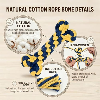 Dog Rope Toys Set with Bone-Shaped Chew Toy, Durable Cotton Rope Toys for Teething, Training, and Interactive Play for Small to Medium Dogs (Blue & Yellow)