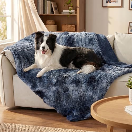 Bedsure Dog Blankets for Large Dogs, Fluffy Waterproof Dog Blanket for Couch Protector and Bed Washable, Fuzzy Faux Fur Pet Throw Blankets for Calming, Dog Accessories, XL, 50×60 inch, Tie-dye Navy - color: Tie-dye Navy, size: Xl(50x60")