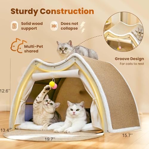 Cat Houses for Indoor Cats - 4 Seasons Cat Bed Cave with Natural Sisal Cat Scratcher Mat, Solid Wood Frame Cat House with Curtains and Cat Floor Scratching Pad Rug, Protect Couch and Carpets, M