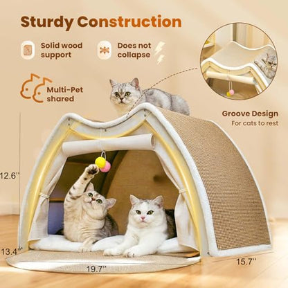 Cat Houses for Indoor Cats - 4 Seasons Cat Bed Cave with Natural Sisal Cat Scratcher Mat, Solid Wood Frame Cat House with Curtains and Cat Floor Scratching Pad Rug, Protect Couch and Carpets, M