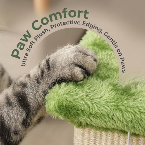 32" Tall Cat Scratching Post, Cat Scratcher with Heavy Duty Thick Wood Base, Cat Tower with Natural Sisal Rope and Hanging Ball, Plant-Like Design Scratching Post, for Small and Adult Kittens, Green - color: LIght Green