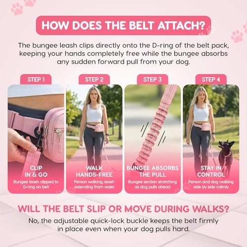 Hands Free Dog Leash with Zipper Storage Pouch - Waist Belt Bungee Running, Walking & Hiking Leash - Padded Handle - Seat Belt Attachment - Reflective No Pull Control for Medium Large Dogs 10-120 lbs - color: Queens Pink