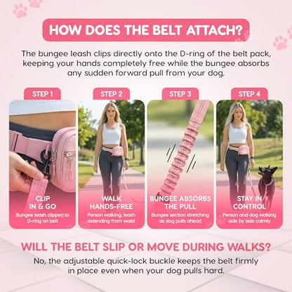 Hands Free Dog Leash with Zipper Storage Pouch - Waist Belt Bungee Running, Walking & Hiking Leash - Padded Handle - Seat Belt Attachment - Reflective No Pull Control for Medium Large Dogs 10-120 lbs - color: Queens Pink