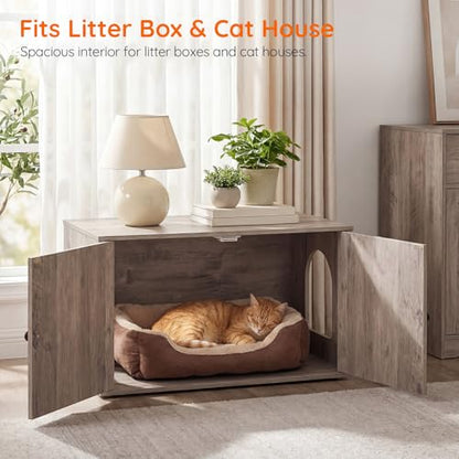 HOOBRO Cat Litter Box Enclosure, Hidden Litter Box Furniture with Side Entry, Litter Box Cabinet, Indoor Cat House, End Side Table, 31.5"L x 17.7"W x 16.3"H, for Living Room, Bathroom, Greige BG40MW01 - color: Greige