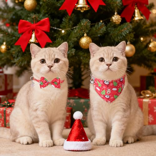 SCENEREAL Christmas Cat Bandana Collar with Bell Bowtie - 2 Pack Breakaway Kitten Collars, Adjustable Cute Pet Accessories for Cats and Small Dogs - color: Bandanas & Bow (Christmas Print)