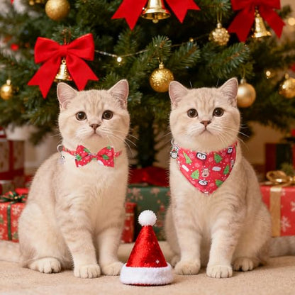 SCENEREAL Christmas Cat Bandana Collar with Bell Bowtie - 2 Pack Breakaway Kitten Collars, Adjustable Cute Pet Accessories for Cats and Small Dogs - color: Bandanas & Bow (Christmas Print)