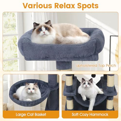 PETSITE 66 Inches Tall Cat Tree, Multi-Level Cat Tower with Sisal Scratching Posts, Side Basket, 2 Comfy Condos, Hammock, Soft Padded Top Perch, and Hanging Balls, Ideal for Indoor Cats (Dark Grey) - color: Dark Grey