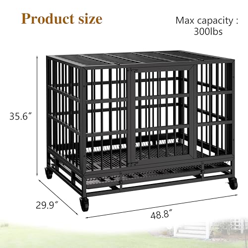 JY QAQA 48/38 Inch Heavy Duty Indestructible Dog Crate Double Doors Escape Proof Cage Kennel,Enhanced Metal Pet Cage,Extra Large XL XXL Crate Indoor for Large Dog with Removable Tray,Lockable Wheels - size: 48.8"x 29.9"x 35.6"(XL)