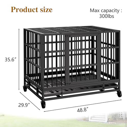JY QAQA 48/38 Inch Heavy Duty Indestructible Dog Crate Double Doors Escape Proof Cage Kennel,Enhanced Metal Pet Cage,Extra Large XL XXL Crate Indoor for Large Dog with Removable Tray,Lockable Wheels - size: 48.8"x 29.9"x 35.6"(XL)