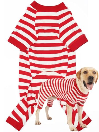 Dog Christmas Pajamas for Large Dogs, Cotton Thermal Dog Pjs Jumpsuit with Cover Legs Christmas Puppy Clothes, Striped Onesie Suit for Small Medium Large Dogs - size: X-Large