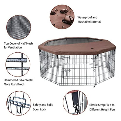 NEZUC Foldable Metal Dog Exercise Playpen Gate Fence Dog Crate 8 Panels 24 Inch Height Puppy Kennels with Top Cover/Bottom Pad for Animals Outdoor Indoor (Playpen+Top Cover, Brown, 36" H) - size: 36"H, style: Playpen+Top Cover