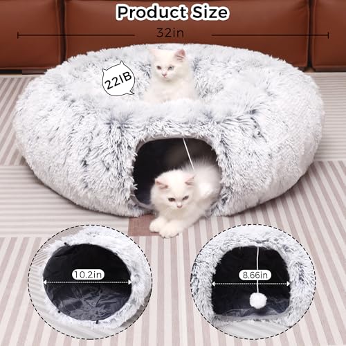 Plush Cat Tunnel with Cat Bed for Indoor Cats, Multifunctional Cat Donut Tunnel for Small Medium Large Cats Kitten Rabbit Puppies (Grey)