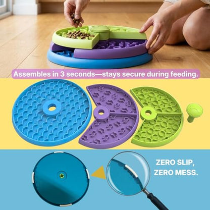 Slow Feeder Dog Bowl – 3-Level Puzzle Feeder for Large, Medium & Small Dogs | Spinning Lick Bowl for Liquid Treats, Peanut Butter & Wet Food | BPA-Free Dog Enrichment Bowl