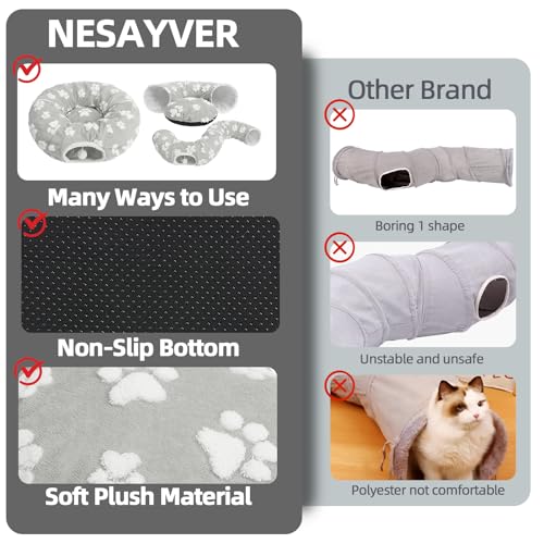 Cat Tunnel Bed for Indoor Cats- Cute Cat Dount Play Tunnel, Soft Plush Peekaboo Kitten Cave with Washable Cushion, Collapsible Multifunctional Round Pet Playground Toys for Kitty Small Puppy Rabbit - color: Gray Paw