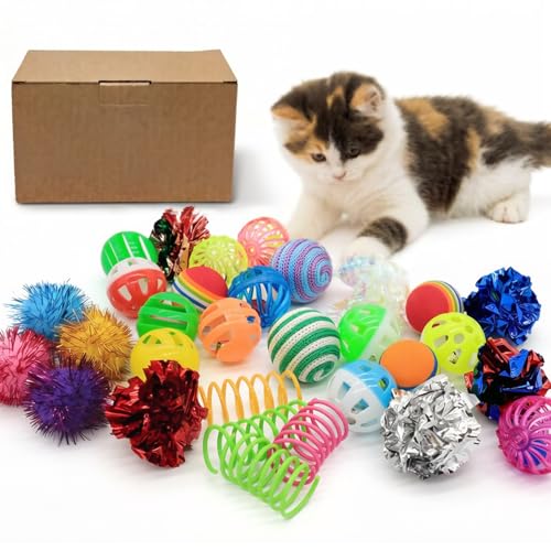 LASOCUHOO Cat Toys Kitten Assortment - Rainbow, Crinkle, Sparkle, Bell & Sisal Balls for All Cats - 30 Packs
