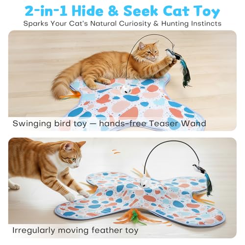 Interactive Cat Toys with Bird, Hide and Seek Cat Toy, 2 in 1 Automatic Moving Concealed Feathers for Indoor Cats, Non-Slip Suction, Touch Activated, USB Rechargeable, Blue - color: Blue-with Bird