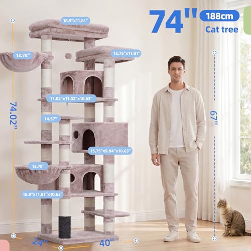 Hey-brother Cat Tree, 74 inches Multi-Level XL Large Cat Tower for Indoor Cats with Three Cat Condos, Two Large Top Decks and Cat Hairbrushfor Kittens, Cats and Pets,Muchroom MPJ035-MMU - color: Muchroom