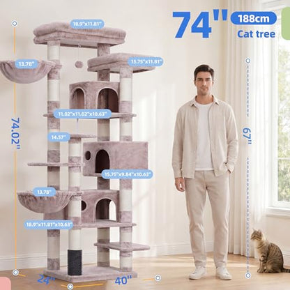 Hey-brother Cat Tree, 74 inches Multi-Level XL Large Cat Tower for Indoor Cats with Three Cat Condos, Two Large Top Decks and Cat Hairbrushfor Kittens, Cats and Pets,Muchroom MPJ035-MMU - color: Muchroom