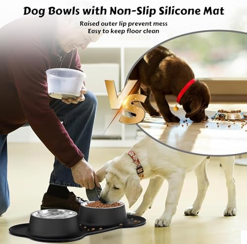 Dog Food Bowls Stainless Steel Dog Bowls with No Spill Non-Skid Silicone Mat, Dog Food and Water Bowl Set, Dog Dishes for Small Medium Large Sized Dogs Pet Food Feeding Bowls, 4 Cup, Black - color: Black, size: 4¾ Cup/38 oz each