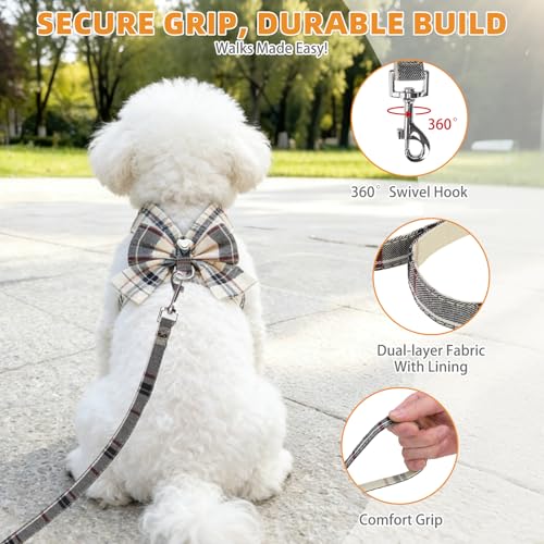 KOOLTAIL Small Dog Harness and Leash Set, Cute Puppy Vest Harnesses with Bowtie, Step in No Pull Soft Mesh Padded Adjustable Plaid Pet Harness for Extra-Samll Medium Dogs Cats, Boy Girl, XS-M, Beige S - color: Beige, size: S (Chest Girth: 13.5"-14.8")