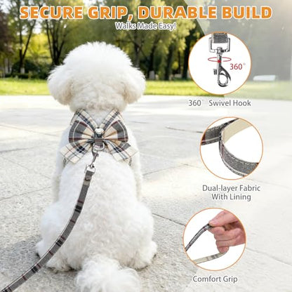 KOOLTAIL Small Dog Harness and Leash Set, Cute Puppy Vest Harnesses with Bowtie, Step in No Pull Soft Mesh Padded Adjustable Plaid Pet Harness for Extra-Samll Medium Dogs Cats, Boy Girl, XS-M, Beige S - color: Beige, size: S (Chest Girth: 13.5"-14.8")